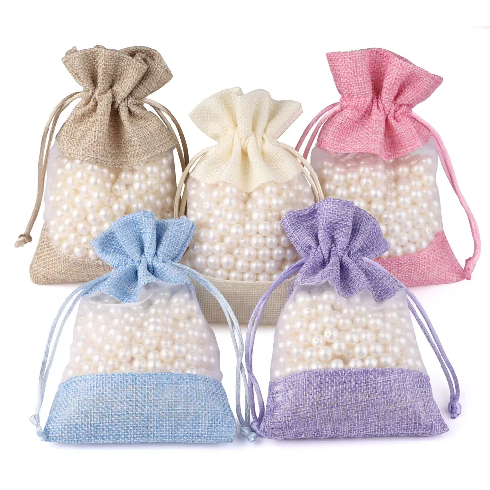 5pcs/lot Drawstring Organza Bag Natural Burlap Gift Pouch Combination Flax Jewelry Packaging Wedding Party Candy Bags