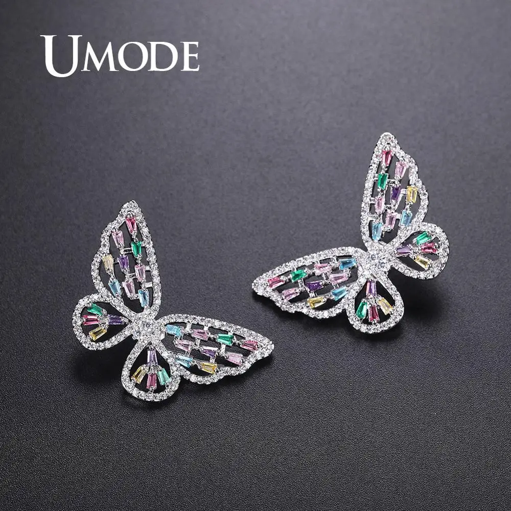White Gold Muticolor UMODE корейские женские серьги-бабочки, винтажные милые серьги-гвоздики, роскошные циркониевые свадебные серьги, модные ювелирные изделия UE0602 - Окраска металла: White Gold Muticolor