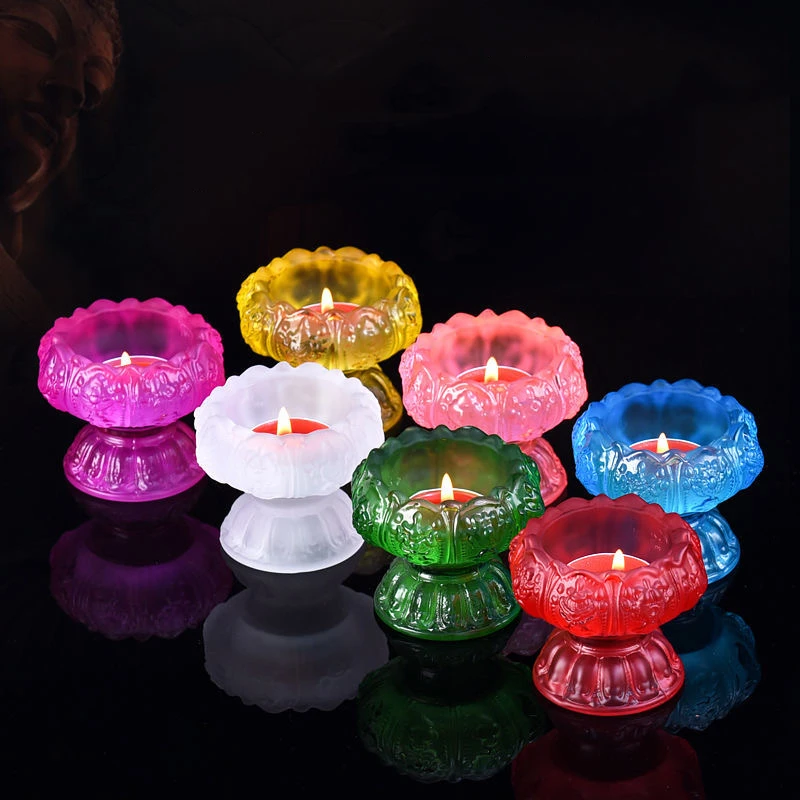 

Colorful Glass Candle Cup Lamp Holder Embossed Romantic Flower Candlestick Buddhist Tibetan Supply Buddha Table Decoration