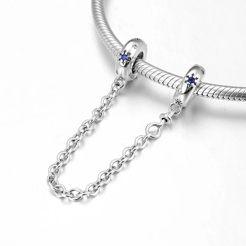 New 925 Sterling Silver Safety chain Blue CZ Beads Fit Original European Charm Bracelet Jewelry making | Украшения и аксессуары