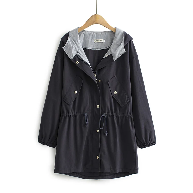 

Ветровка Женская весенне-осенняя, размера плюс г., корейский стиль, свободная, с капюшоном, с кулиской на талии, повседневная, 2020