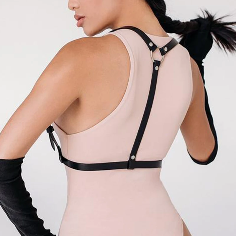 Women Black Leather Body Harness Sexy Goth Harness Crop Top Bondage Harness Cage Bra Bralette Fetish Wear Open Chest Suspender