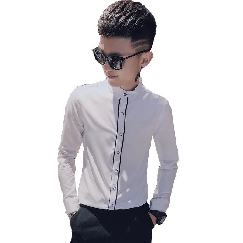 

Korean Spring New 2021 Men Casual Shirts Long Sleeve Simple Single Breasted Slim Fit Streetwear Club Tuxedo Office Blouse Homme