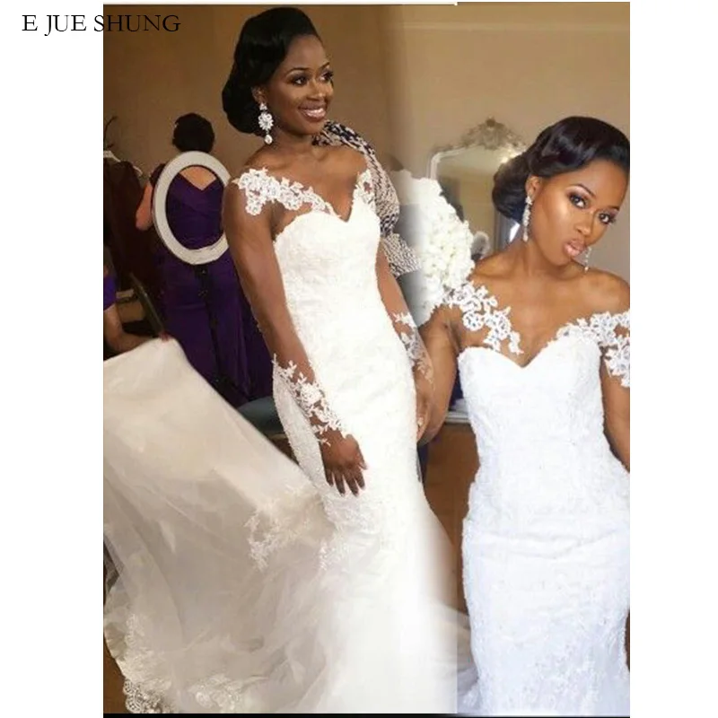 

Белое кружевное свадебное платье-Русалка E JUE SHUNG с аппликацией, прозрачные Свадебные платья с длинным рукавом, платья для невесты
