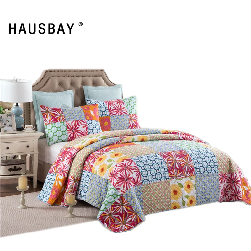 3Pcs Bedding Set Quilts with Pillowcase 230CM*250CM King Size Coverlet Cotton Fabric Colorful Patchwork Summer Blanket QT016 | Дом и сад