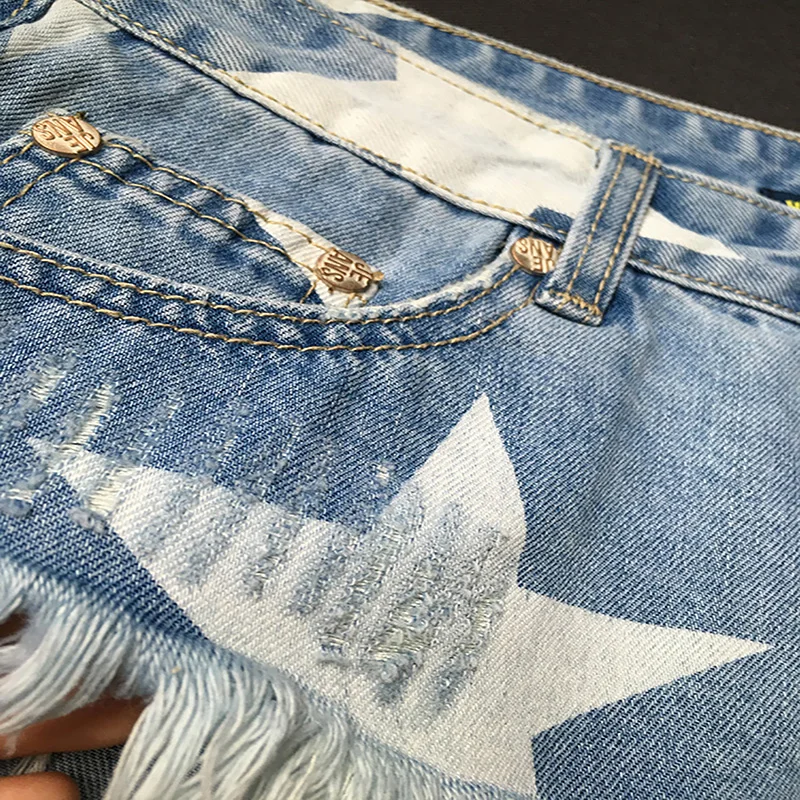 

New Arrival Women's Jeans Shorts Ultra Light Blue Comfortable Star Print Fringed Denim Shorts Quickly shipping