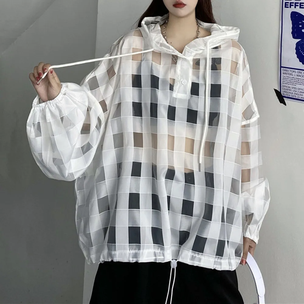 

Новинка лета 2021, Солнцезащитная толстовка с капюшоном, однотонная прозрачная Повседневная Свободная Толстовка из органзы контрастных цвет...