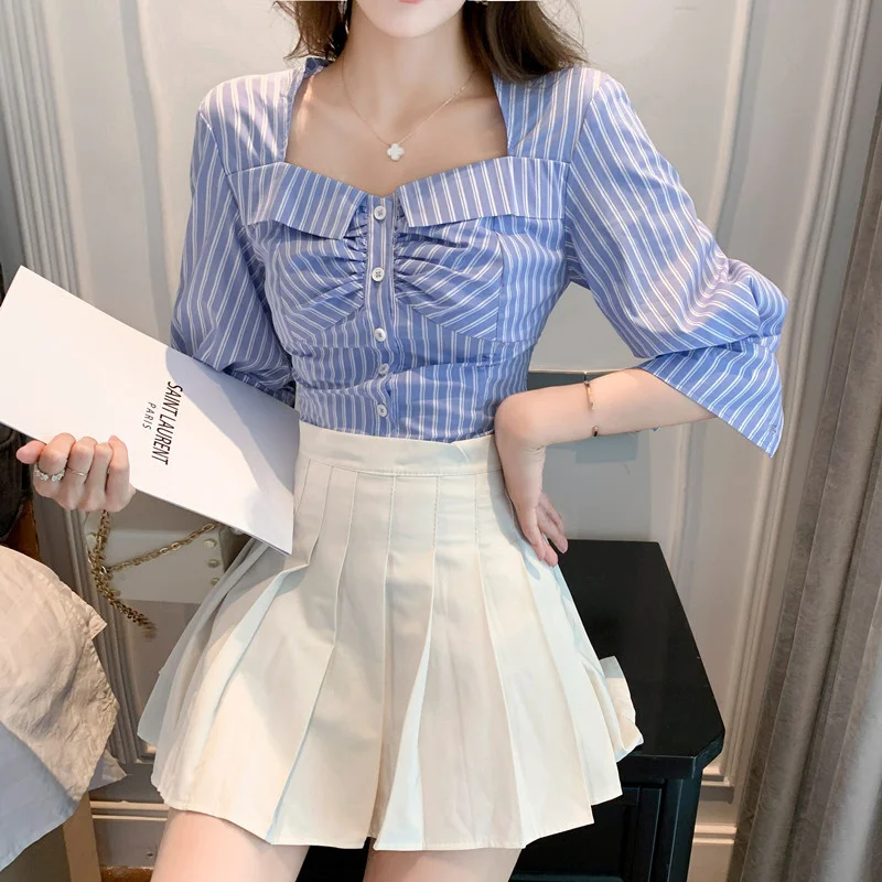 

Special-Interest Design Square Collar Shirt New Casual Blue and White Striped Figure Flattering Graceful Tops