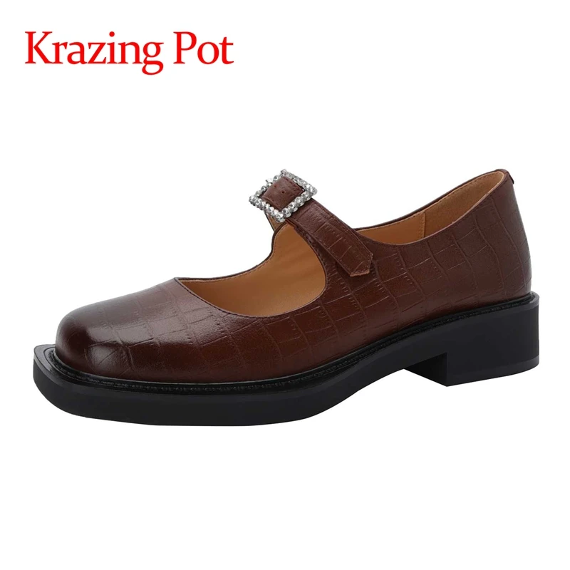 

Krazing Pot natural leather round toe med heel rhinestone buckle decorations fairy style beauty girls dating women pumps L2f3