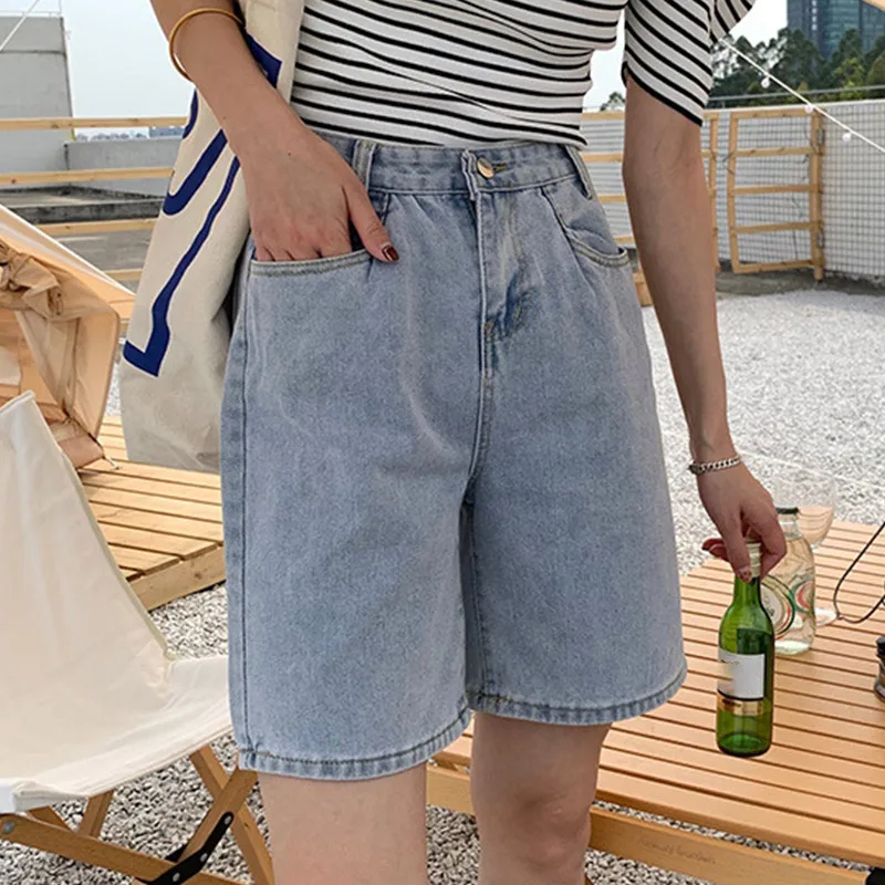 

Fashion Casual Women Polyester Short High Waist Straight Denim Shorts All-Match Retro Jeans Streetwear Female New Thin Ladies