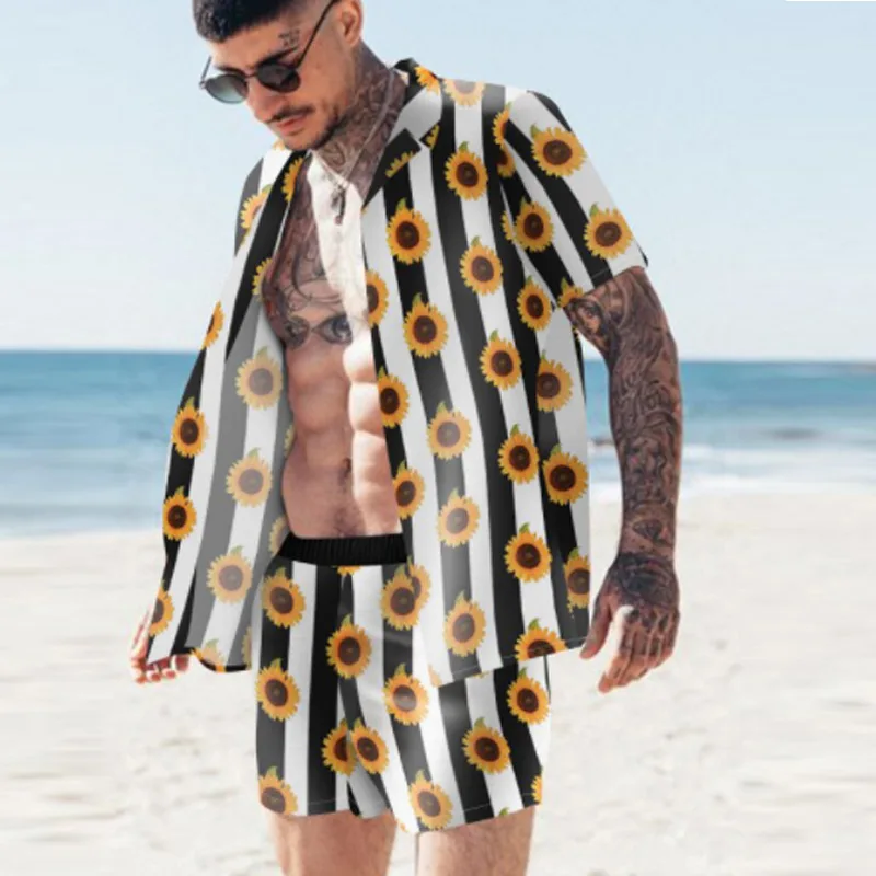 

Summer Men Hawaiian Sets Printing 2021 Short Sleeve Button Shirt Beach Shorts Streetwear Casual Mens Suit 2 Pieces M-3XL