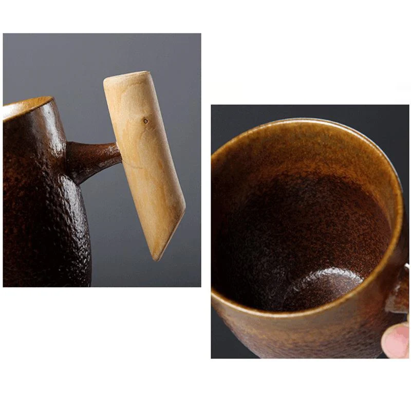 

Mug Tumbler Rust Glaze With Wooden HandgripTea Milk Beer Water Cup Home Office Drinkware Vintage Crude Ceramic Coffee 300-400ml