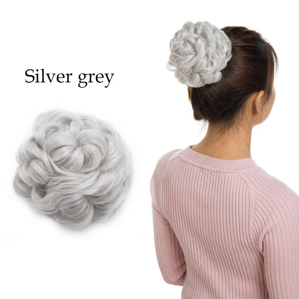 silver grey Snoilite шнурок клип в шиньон волосы булочка синтетический пучок волос кусок шнурок updo волосы булочки для женщин кудрявые шиньон волосы - Цвет: silver grey