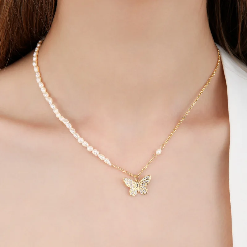 

Choker Quality Freshwater Pearl Sweet Romantic Fashion Glitter Butterfly Pendant Necklace Fairy's Gift Jewelry Girl Style