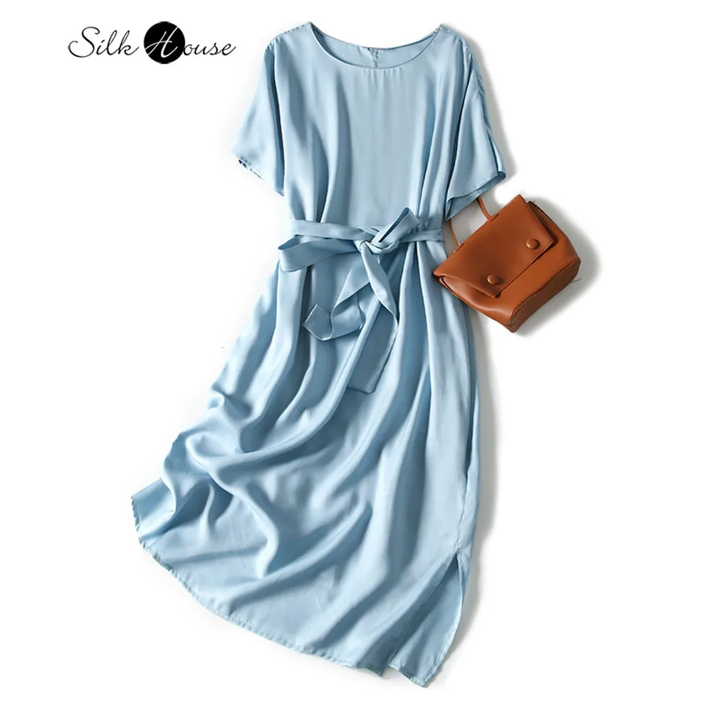 Шелковое Хлопковое платье женская шелковая синяя юбка с поясом и светильник