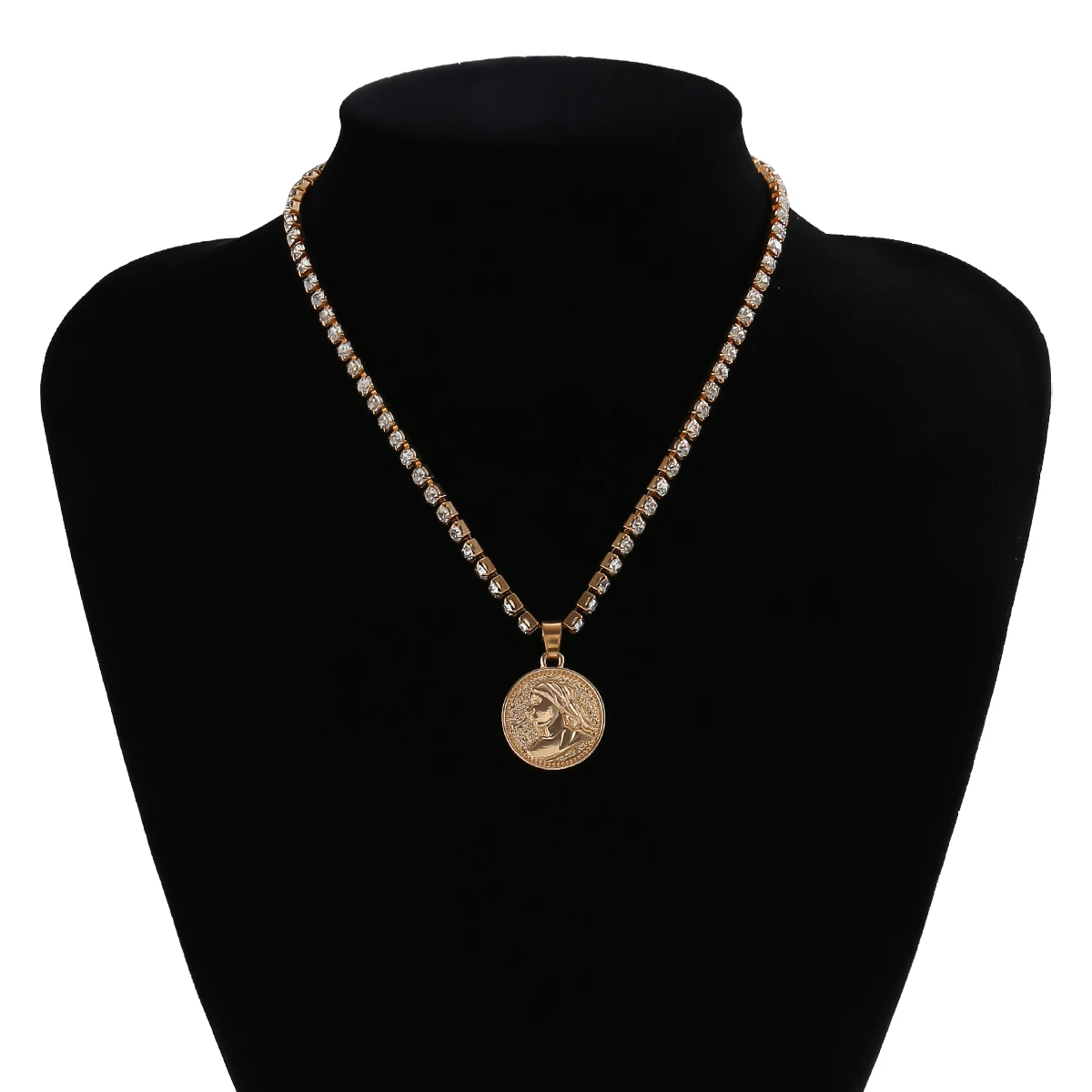 

Vintage Coin Couple Pendants Necklace Romantic Tennis Chain Choker Necklace Bling Rhinestone Crystal Jewelry for Women Men Gift