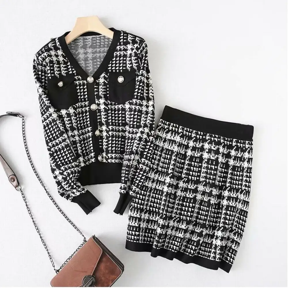

Women's Sweater Casual Style Plaid Design Knitted Slimming Fitting Sweater Suit (Top+Bottom) свитера женские 2020