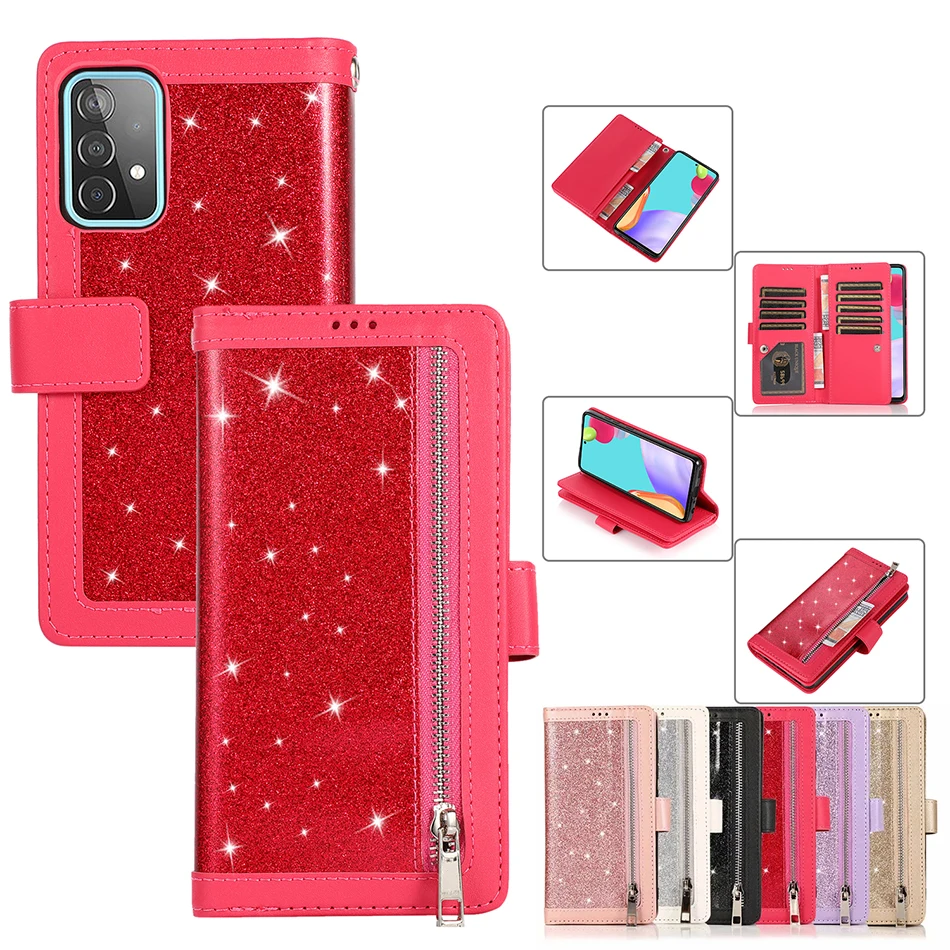 

Glitter Wallet Case For Samsung Galaxy A2 Core A8 A7 A6 A5 2018 J3 J5 J7 Pro J730 J530 J4 J6 Plus Cash Holder Wrist Strap Cover