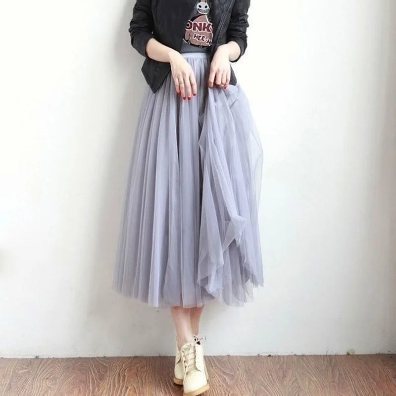 

Skirts Women Solid Mesh Ball Gowns Casual Elegant Sweet Summer Midi Skirt Females Pleated Korean Style All-match High Waist Chic