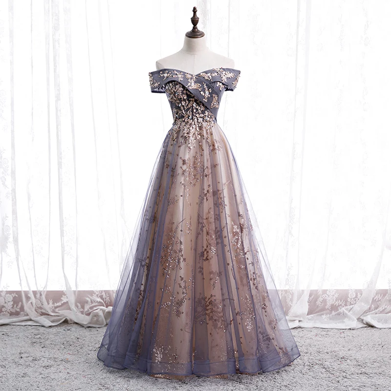 

Женское вечернее платье-трапеция, элегантное Тюлевое платье до пола, с вырезом лодочкой, блестками, аппликация вечернее платье, B287