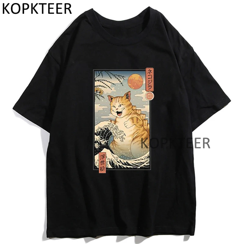 

Harajuku T-shirts Catzilla Ukiyo-e Funny Print Ukiyo E By The Sea Manga Vintage Summer Men Women Aesthetic Cotton O Neck T-Shirt