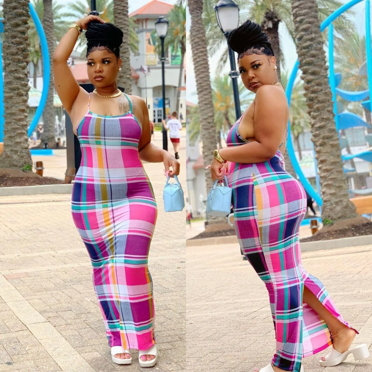 

ChocoMist Dresses Backless Plaid Print Slit Dress