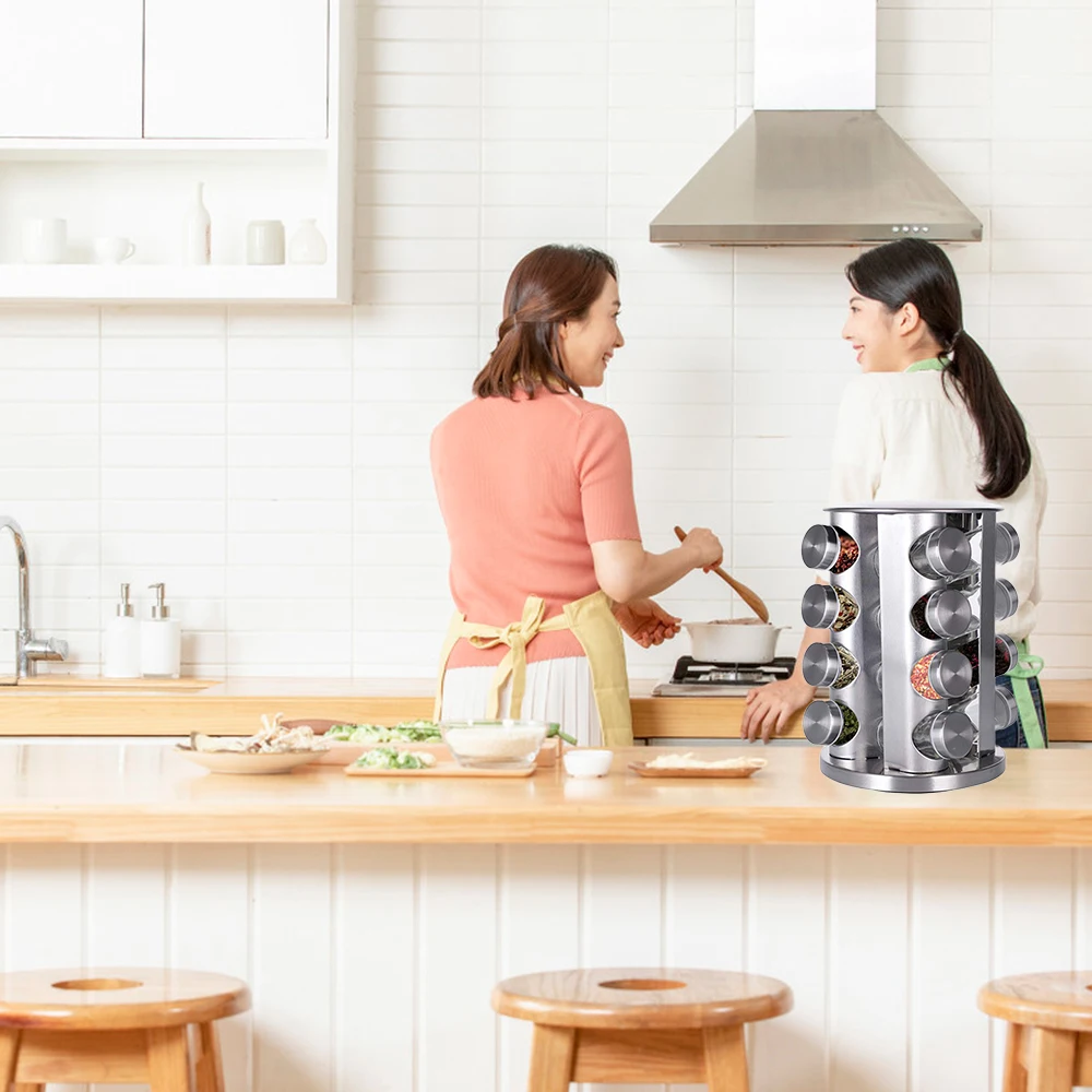 

12/16 Cups Kitchen Storage Organizer Rotatable Base Stainless Steel Glass Jar Spice Jar Salt Shaker and Pepper Shaker Set