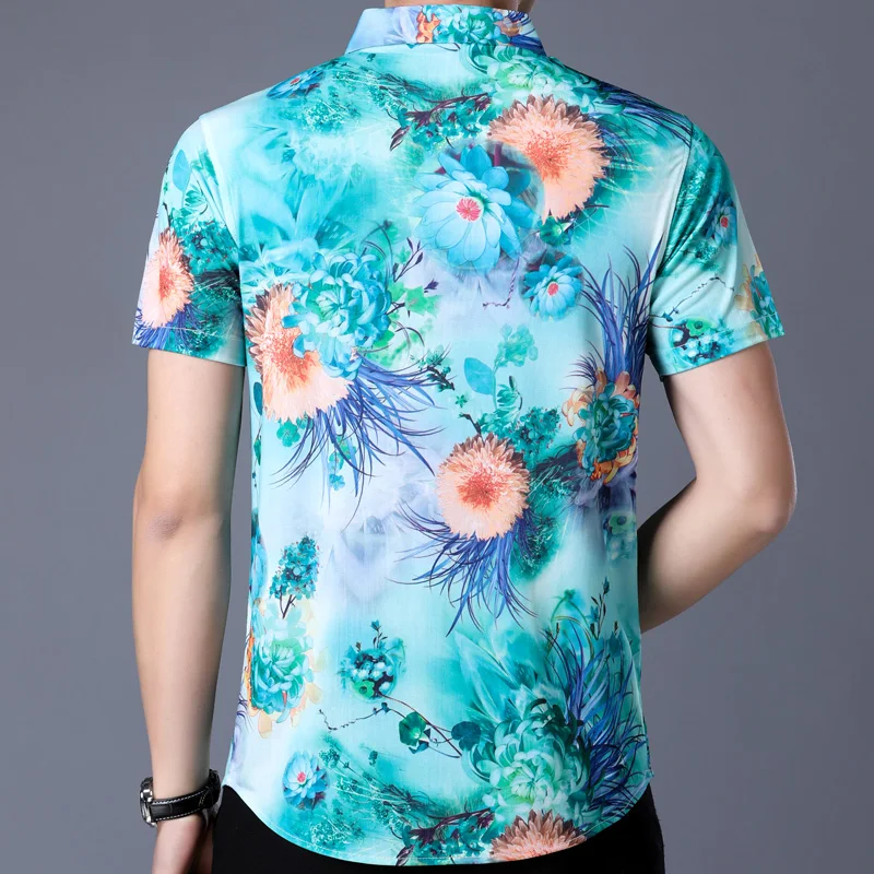 2021 мужские рубашки с коротким рукавом Гавайские цветы повседневные приталенные - Фото №1