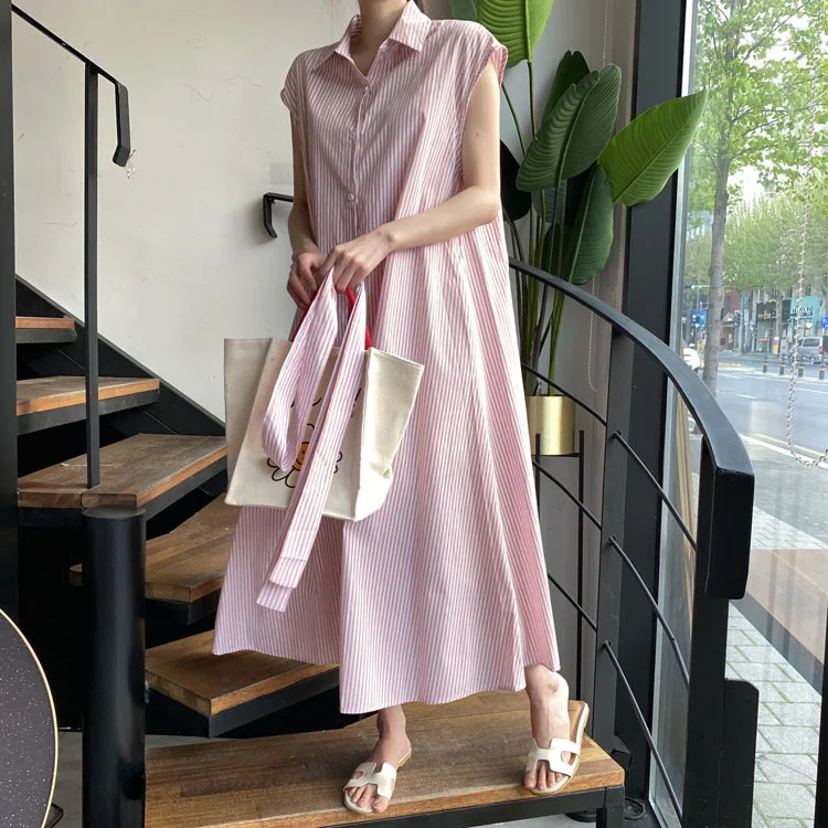 

Women's V-Neck Sleeveless Striped Belt Pocket Belt Belt Cotton And Linen Series Casual Loose Comfortable Long Skirt