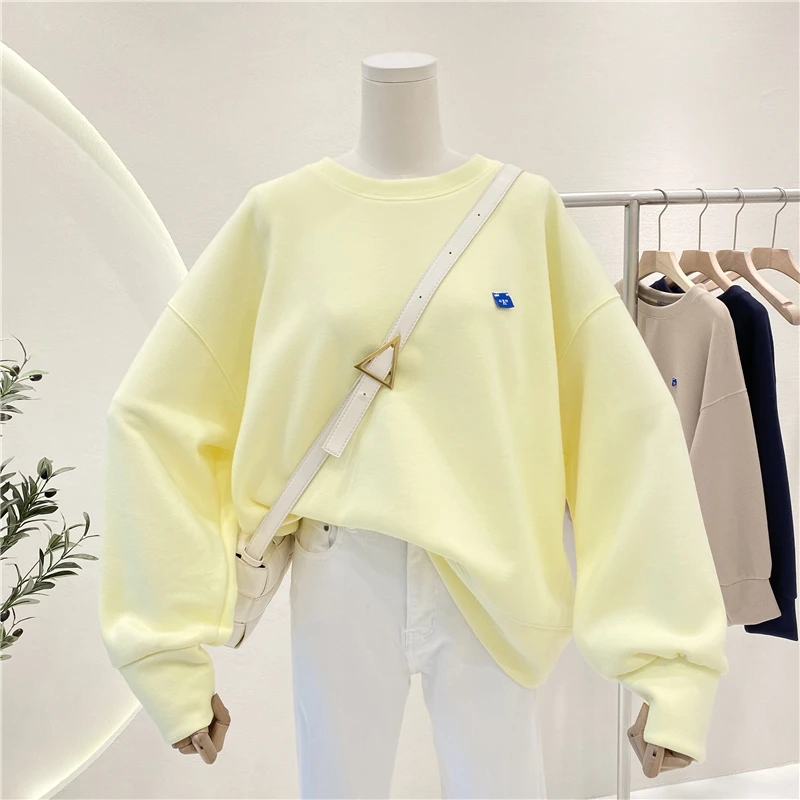 

2021 Quality Plain Crewneck Oversize Pullover Track Sweatshirt Long Sleeve Ultra Soft Cotton Blend Casual Track Tops Yellow