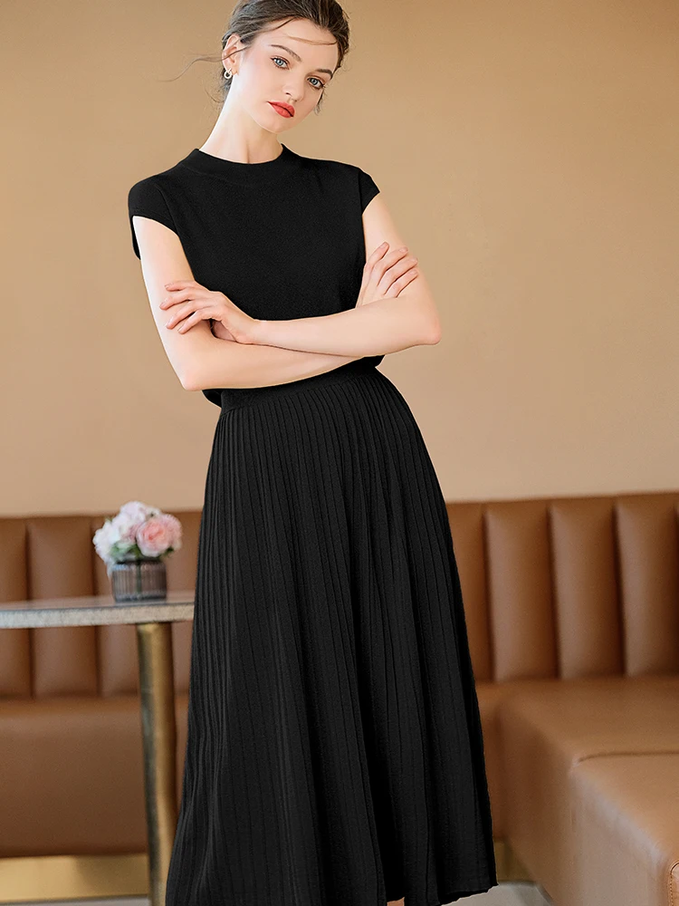 Простой дизайн модные женские комплекты водолазка без рукавов вязанный Топ