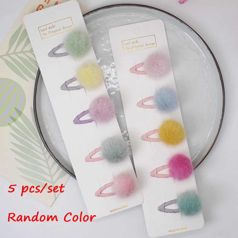 

5PCS Lovely Girls Pompom Hairpins with Small Soft Fur Mini Ball Gripper Hairball Pom Hairclips Children Hair Accessories