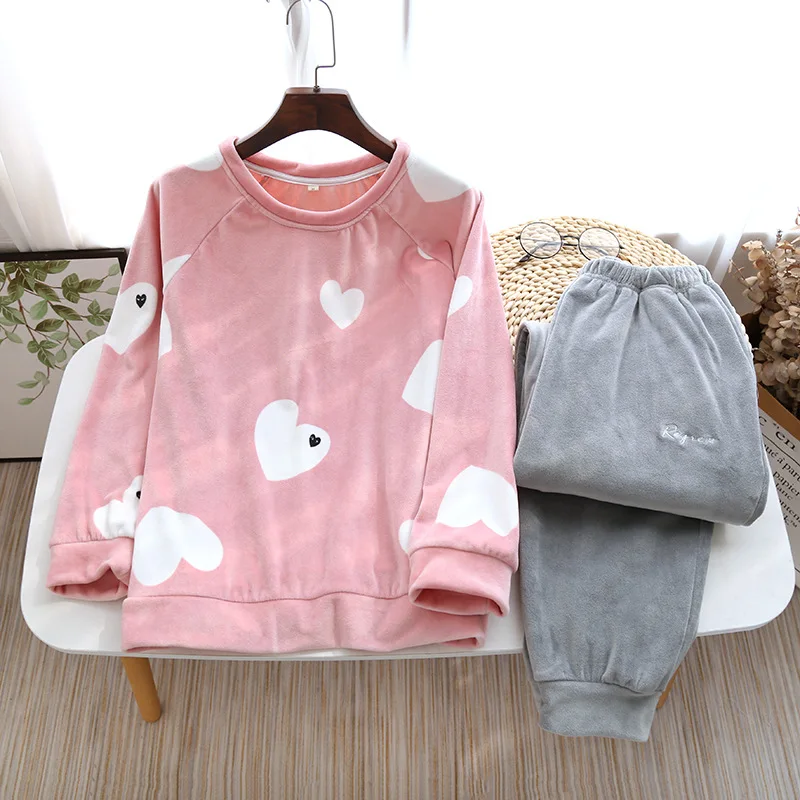 

Newest Fleece Pajamas Sets Women Spring and Autumn Flannel Plus Velvet Coral Fleece Autumn and Winter Home Wear Ladies Home Suit