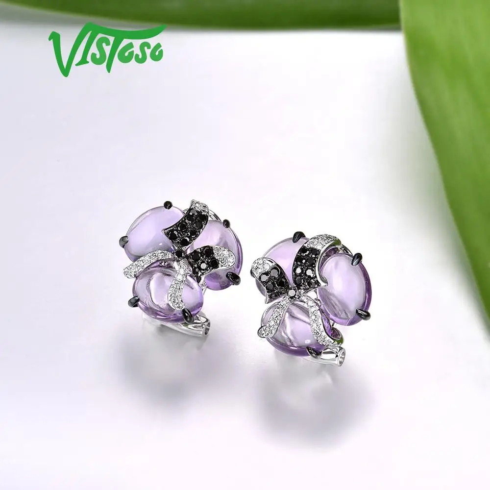 

VISTOSO Gold Earring For Women Pure 14K 585 White Gold Shiny Diamond Black Diamond Limpid Amethyst Classic Earrings Fine Jewelry