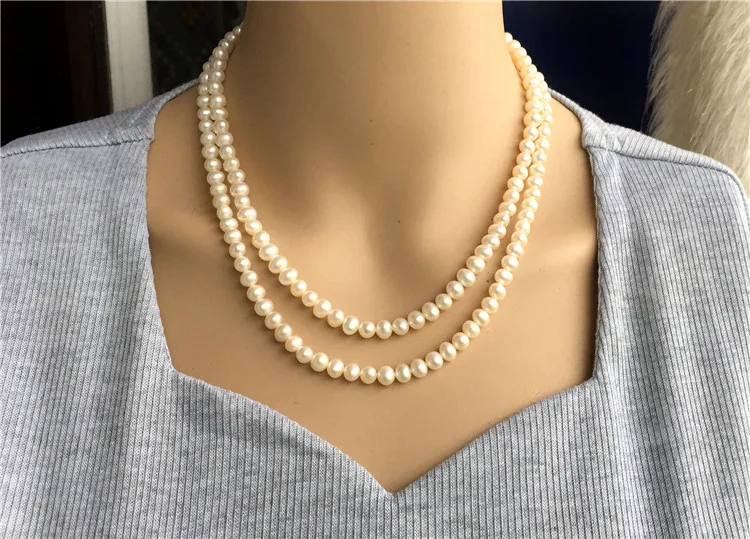 100% natural 7-8mm white freshwater pearl Hand knotted 43-48cm double necklace Rare jewelry | Украшения и аксессуары