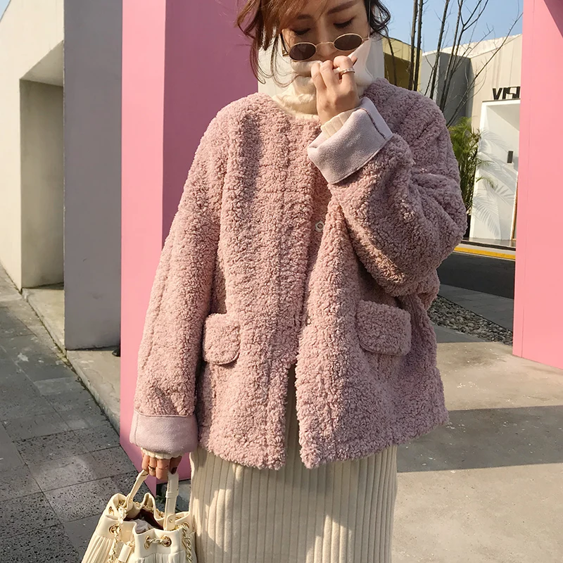 

Куртка из овечьей шкуры, теплая хлопковая куртка с длинным рукавом и круглым вырезом, корейская мода, пальто, шерстяное пальто, Осень-зима 2021