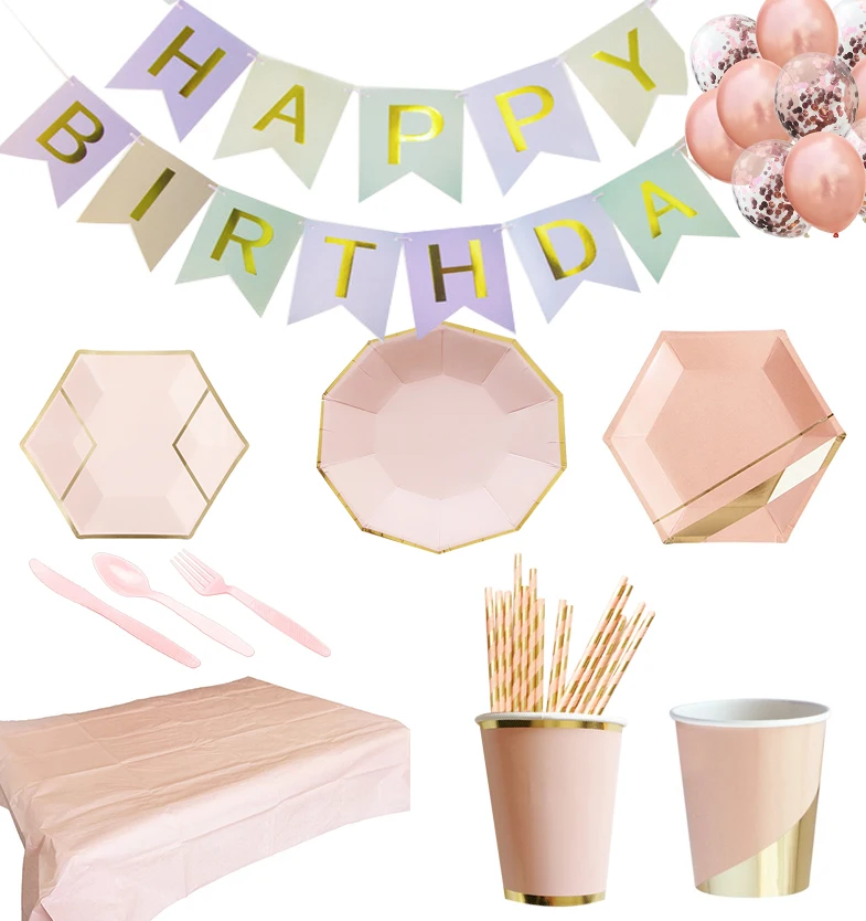 Розовое золото розовые вечерние одноразовые декоративная столовая посуда