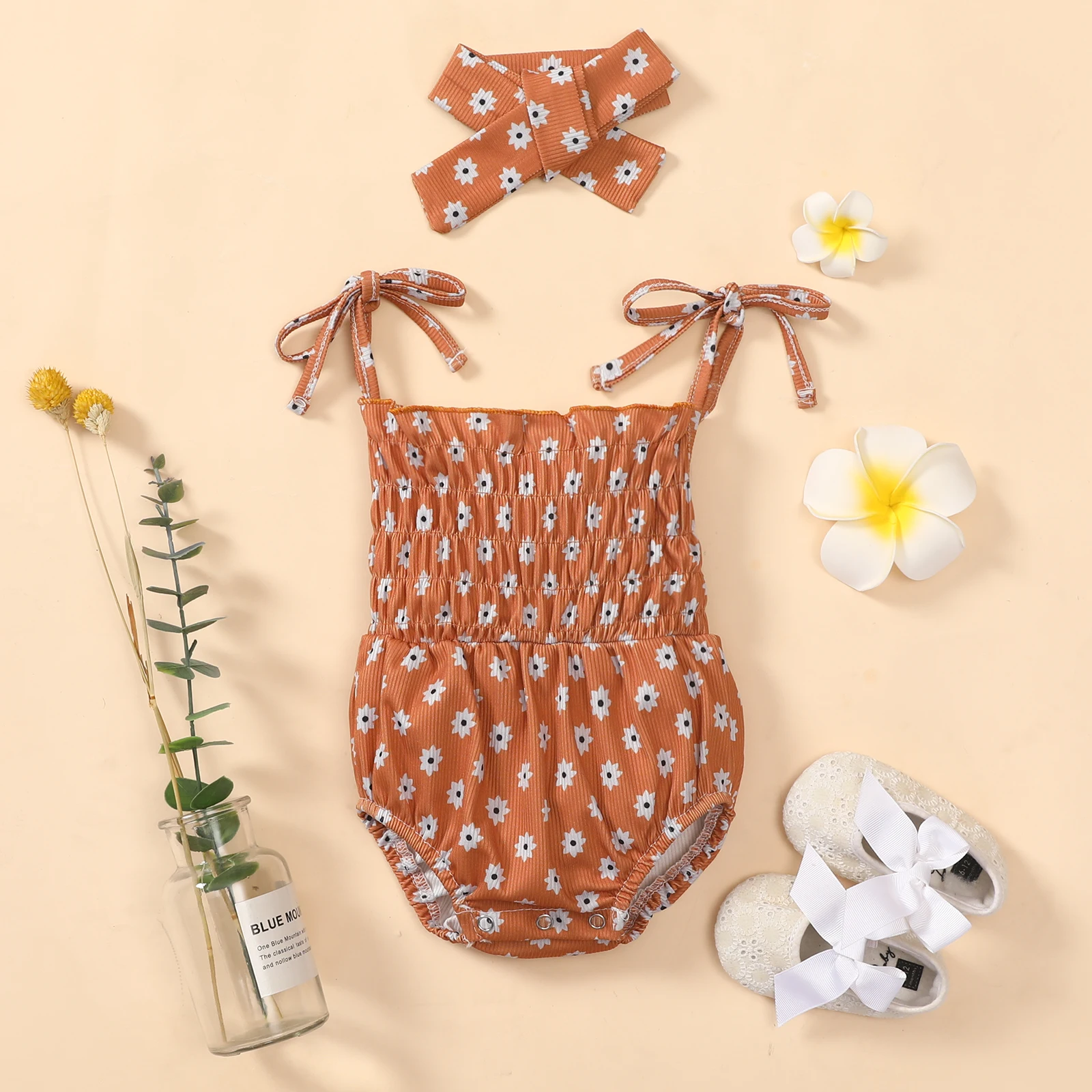 

New Fashion Newborn 2pcs Baby Girl Lovely Clothes Headband Off Shoulder Bodysuits Sunsuit Headbands Sunflower Print Outfits Set