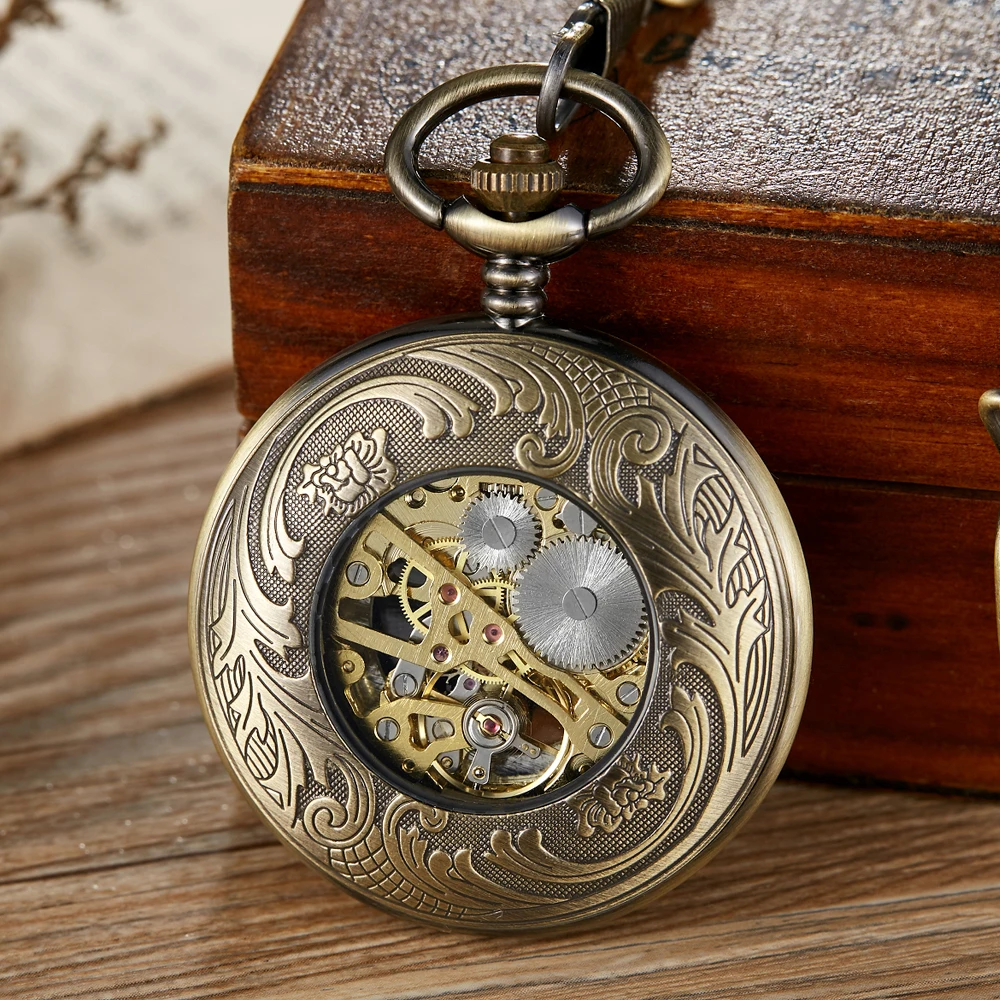 Hollow Luminous Deer Skeleton Mechanical Pocket Watch Double Open Cover Fob Chain Gift Men Steampunk Pendant Gifts Women
