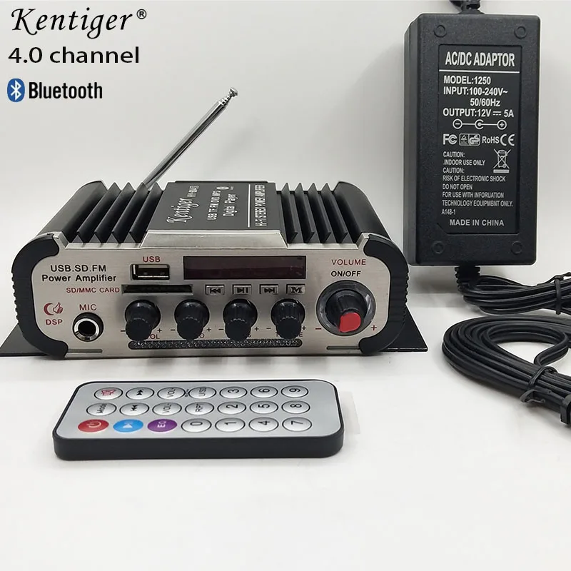 4.0 Channel Bluetooth Stereo HIFI Amplifier Support 6.5mm Mic Home Theater With 12V5A Power & AV Cable USB SD FM Karaoke Amp