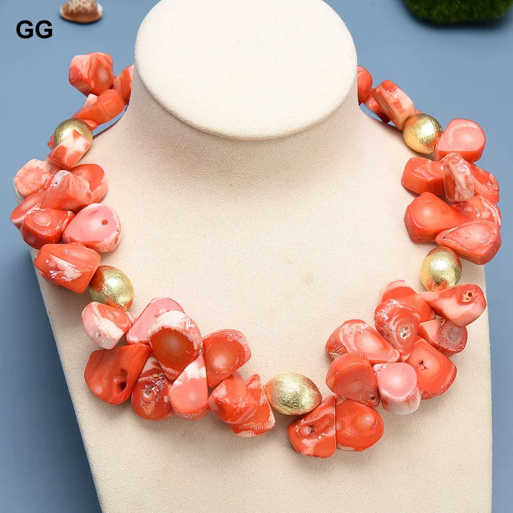 GG Jewelry Natural Teardrop Orange Coral Gold Plated Beads Choker Necklace Handmade For Women