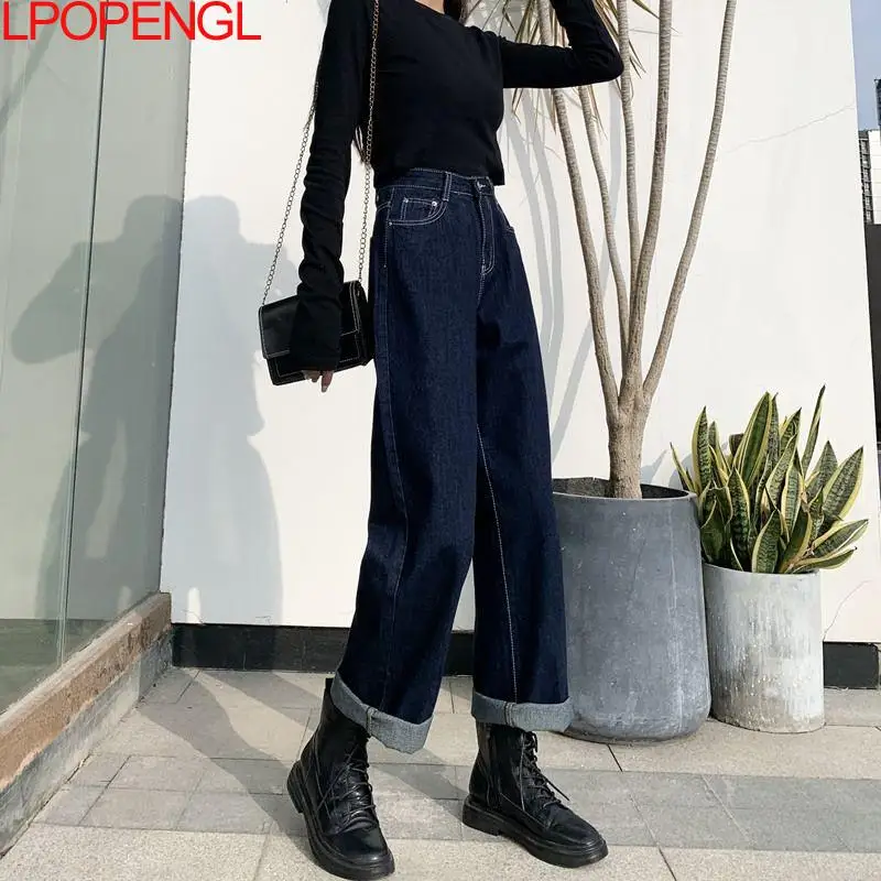 

Spring Retro Ladies Retro Nine-point Jeans 2021 Fashion High Waist Solid Color Wide Leg Women's Trousers Plus Size S-xxl