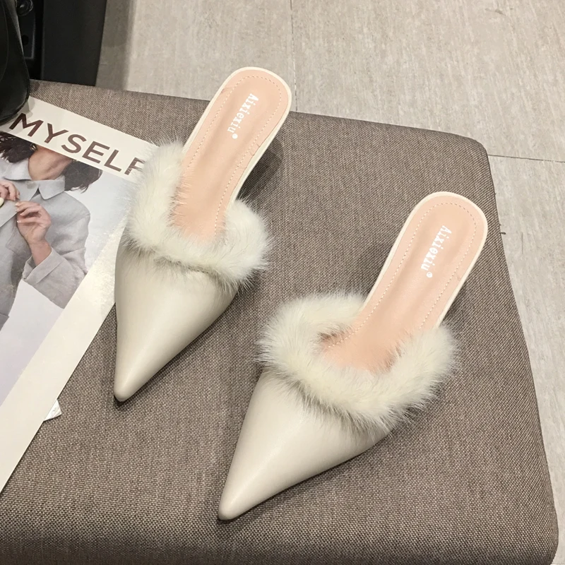 Ivory Женские шлёпанцы; шлепанцы на низком каблуке «рюмочка»; с острым носком; с теплым мехом; с кроличьим мехом; из овечьей кожи; Плюшевые; пушистые; модельные; Дизайнерская обувь - Цвет: Ivory
