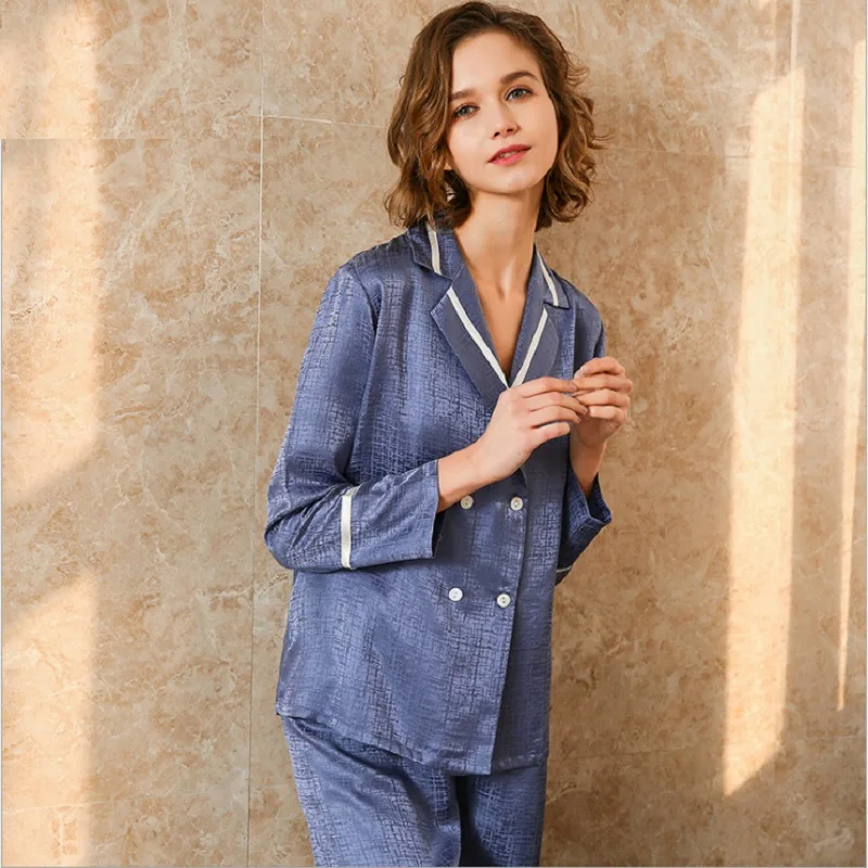 Womens Pajamas Homewear Sleepwears Sets 2020 Silk Stain Pink Full Sleeve Double breasted Vintage Fashion Sleep Pyjama Set Lady