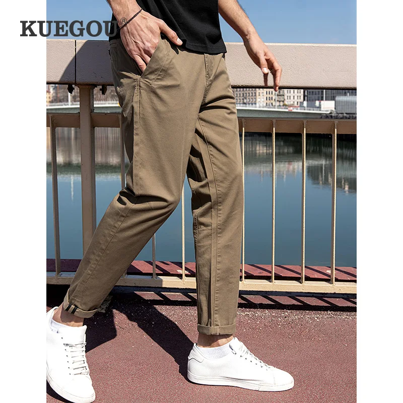 

Мужские повседневные брюки KUEGOU, цвета хаки хлопковые брюки, модель сезона весна-лето 100%