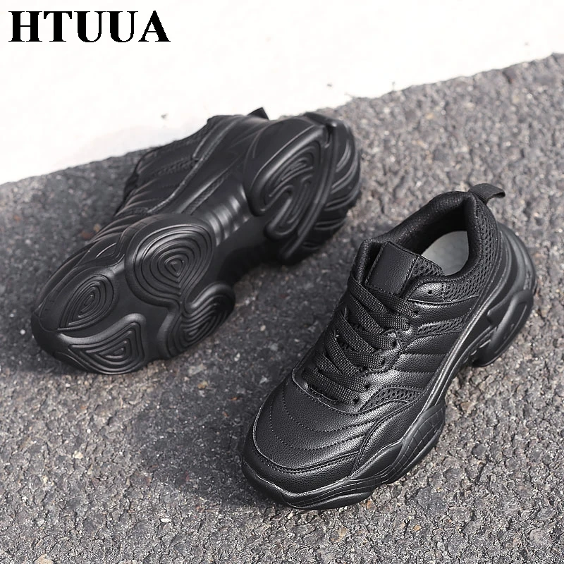 Женские кроссовки на платформе HTUUA белые повседневные кожаные массивной подошве