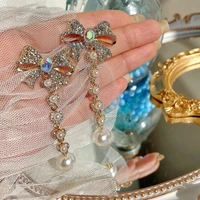 korean elegant luxury rhinestone bowknot drop earrings for women girls fashion long pearl pendientes party exquisite jewelry