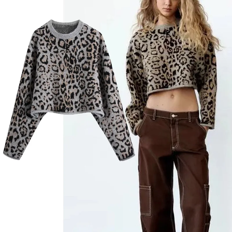 

WSL TRAF ZA Jacquard Winter Knitted Sweater Woman Long Sleeve O-neck Causal Pullover Sweater Vintage Warm Sweater Streetwear