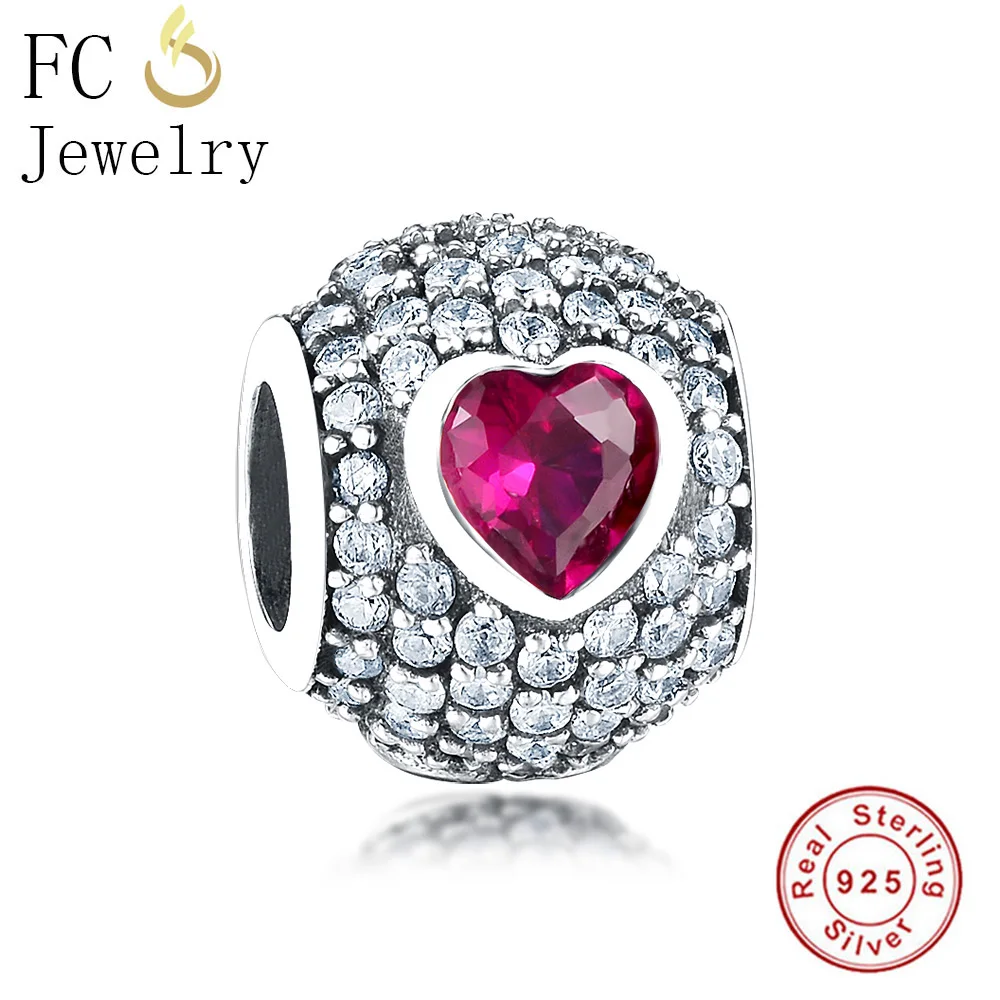 

FC Jewelry Fit Original Pan Charms Bracelet 925 Sterling Silver Heart Shape Red Color CZ Crystal Beads Spacer Berloque 2019