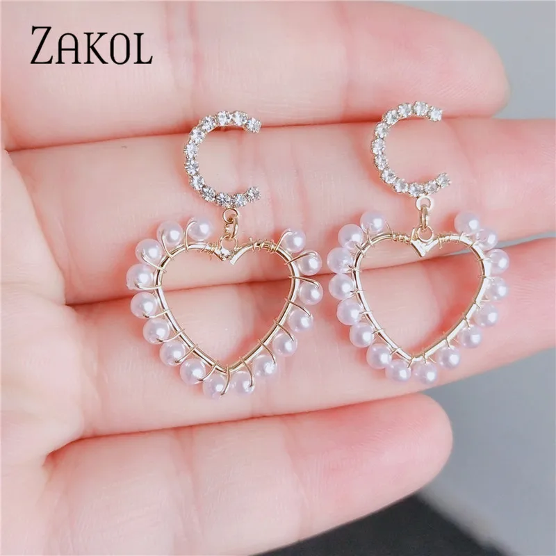 ZAKOL Romantic Simulation Pearl Drop Earrings Sweet Love Heart Bridal for Women Fashion Wedding Work Jewelry FAEP050 | Украшения и